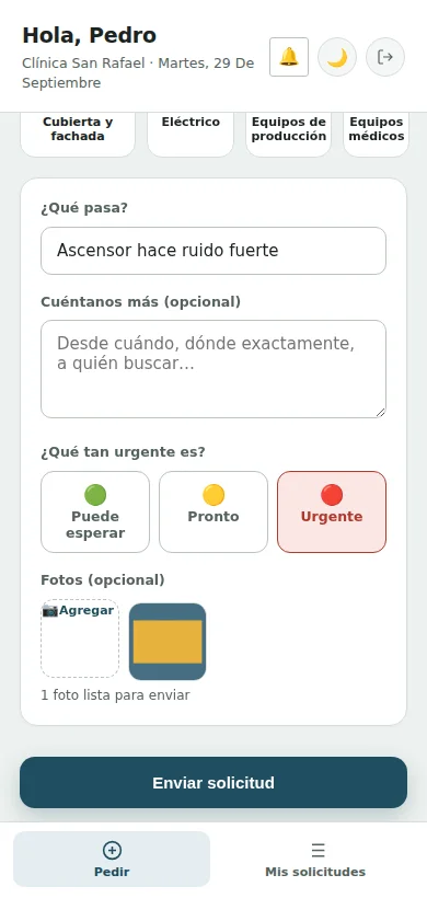 Pantalla para pedir un arreglo